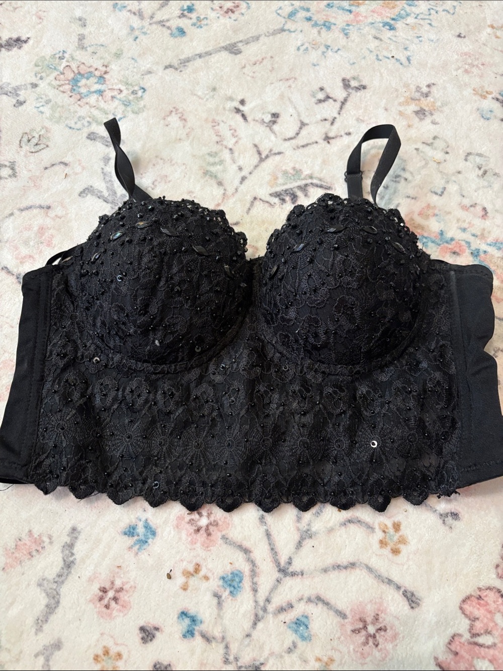 Windsor Black Lace Longline Underwire Bra with Sequin Detail. Size Large!
